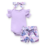 PatPat Baby Girl Outfit Sets Butterfly Print Shorts and Purple Bodysuit Headband Gift for Baby Girl 0-3 Months