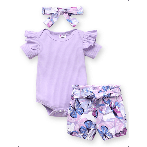 PatPat Baby Girl Outfit Sets Butterfly Print Shorts and Purple Bodysuit Headband Gift for Baby Girl 0-3 Months