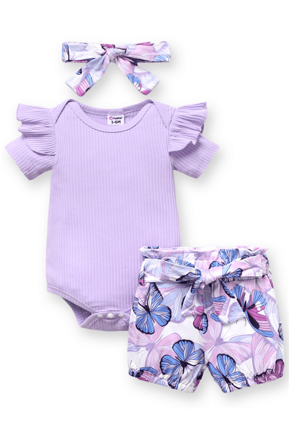 Baby Girl Outfit Sets Butterfly Print Shorts and Purple Bodysuit Headband Gift for Baby Girl 0-3 Months