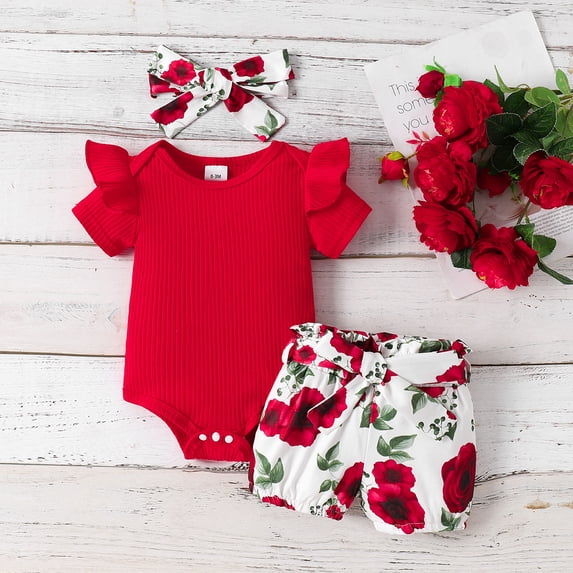 PatPat 3pcs Newborn Baby Girl Clothes Ribbed Romper Belted Shorts Headband Red Outfits Set, 3-6 Months