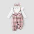 thumbnail image 1 of PatPat 6pcs Baby Girl Plaid & Solid Ribbed Spliced Ruffle Trim Bow Front Long-sleeve Jumpsuit & Headband Set, 1 of 6