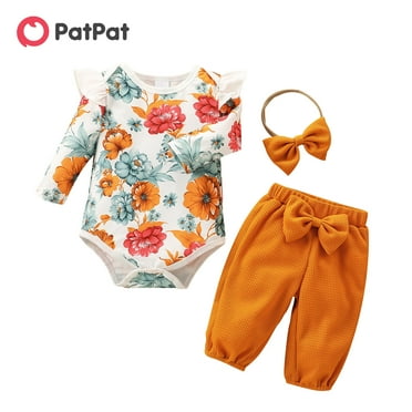 PatPat Baby 3pcs Romper and Solid Waffle Trouser Set,Floral Print Flutter Long Sleeve Jumpsuit Overall Winter Infant Girls Outfits,0-18 Month