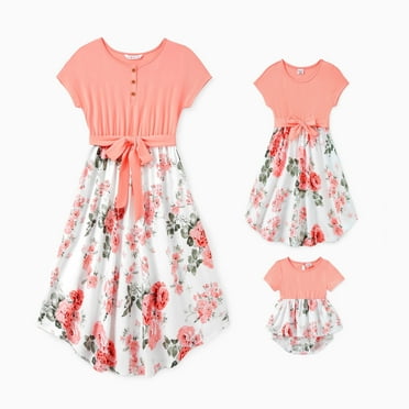 PatPat Baby Bodysuits Family Matching Sets Summer Pinkish Orange Cap-sleeve Spliced Floral Dresses 3-18M