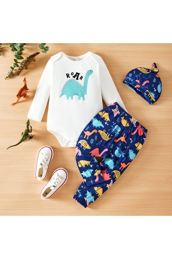 Baby Boy Outfit Set Long Sleeve Bodysuit and Pants with Dinosaur Print Hat Navy Blue 0-18 Months