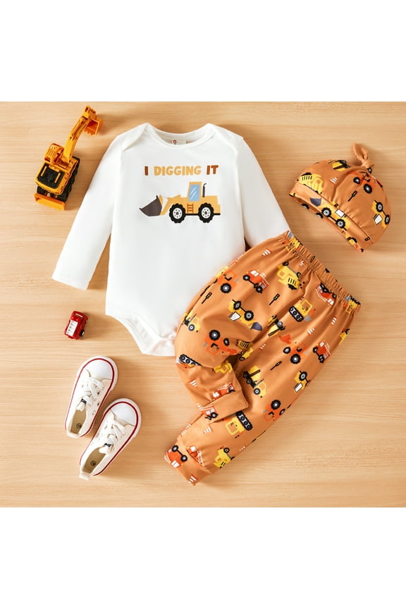 Baby Boy Outfit Set Long Sleeve Bodysuit and Pants with Excavator Print Hat Orange 0-18 Months