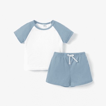 PatPat Baby Clothes 2pcs Baby Boys Raglan Sleeve Waffle Top and Shorts Outfits Sets, Blue, 3-6 Months