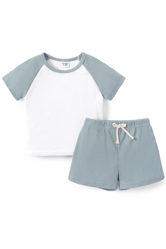 Baby Clothes 2pcs Baby Boys Raglan Sleeve Waffle Top and Shorts Outfits Sets, Blue, 9-12 Months