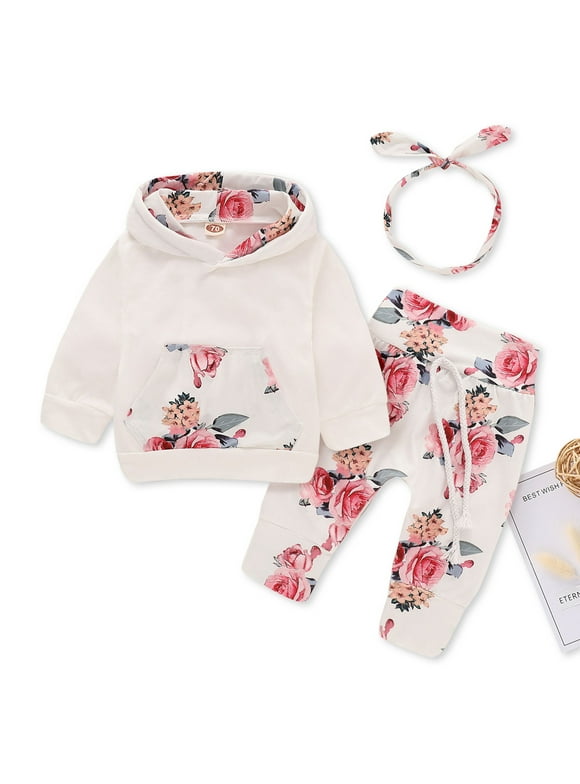 PatPat Baby Clothes for Girls Long-sleeve Floral Hoodie Pants and Headband Set,0-3 Months
