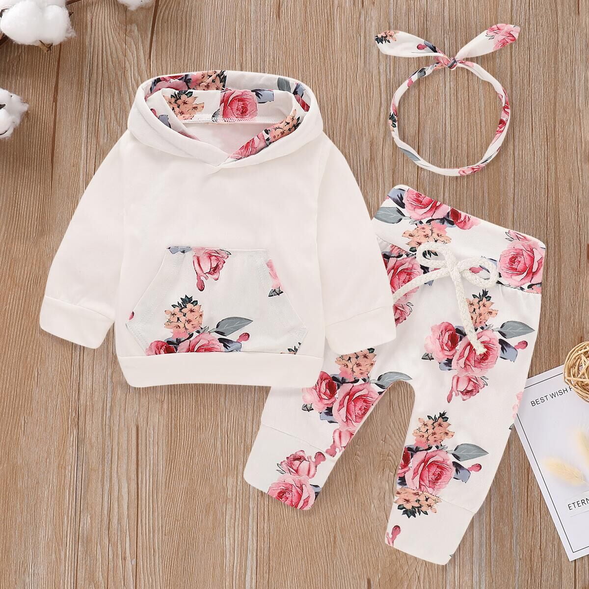 PatPat Baby Clothes for Girls Longsleeve Floral Hoodie Pants and Headband Set,1218 Months