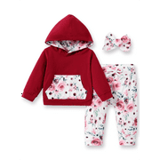 PatPat Baby Clothes for Girls Long-sleeve Floral Hoodie Pants and Headband Set,3-6 Months
