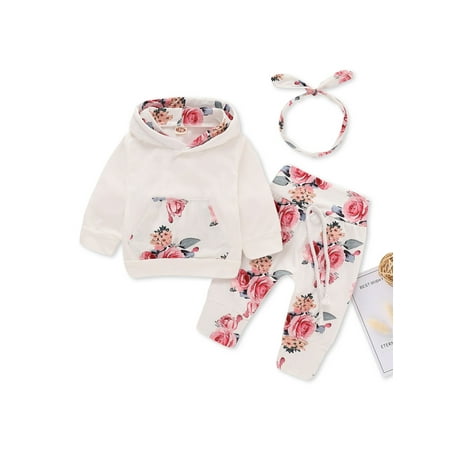 PatPat Baby Clothes for Girls Long-sleeve Floral Hoodie Pants and Headband Set,3-6 Months