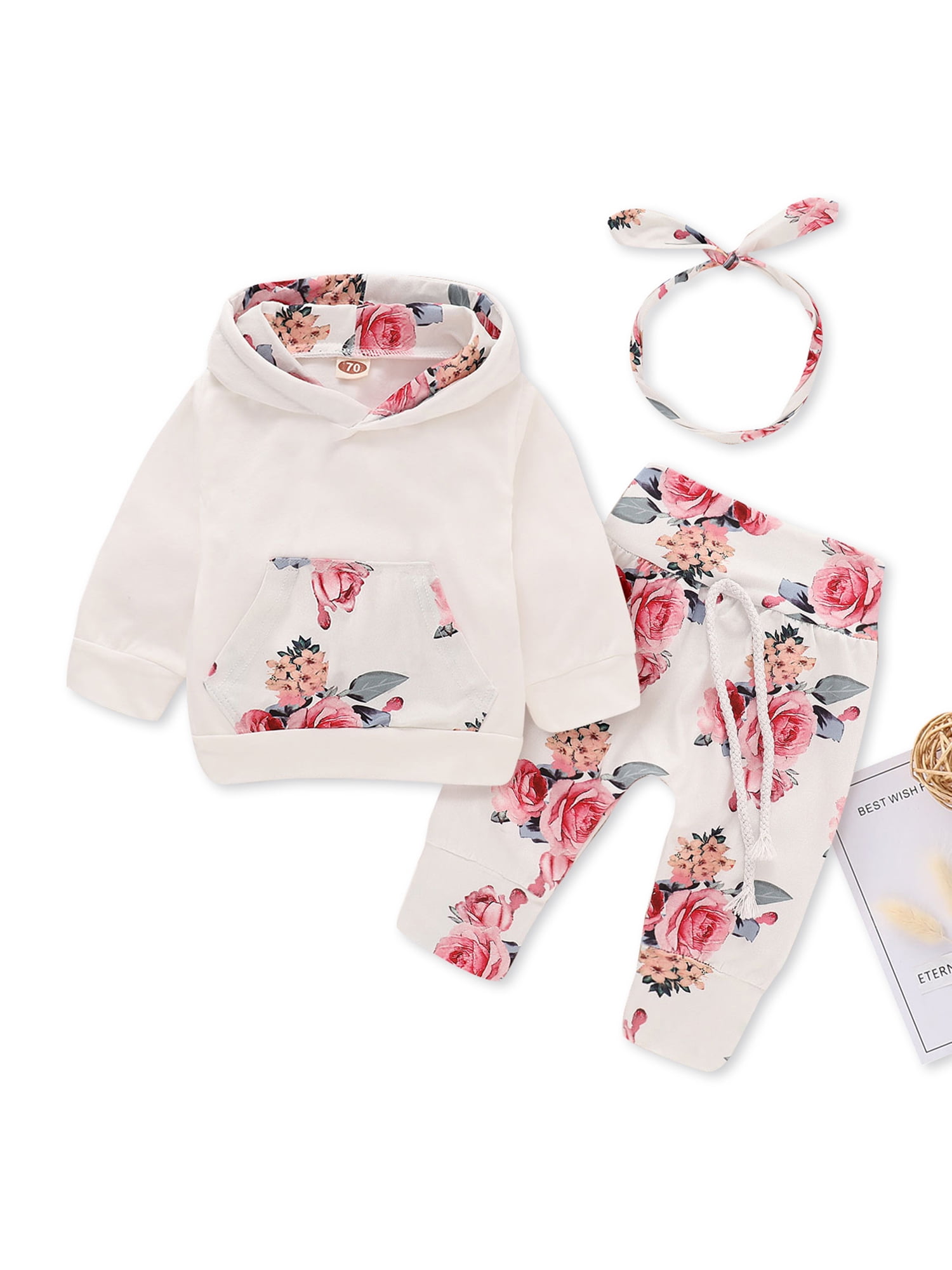 Baby Clothes for Girls Long-sleeve Floral Hoodie Pants and Headband Set,6-9 Months