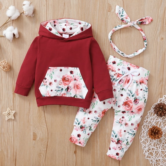 PatPat Baby Clothes for Girls Long-sleeve Floral Hoodie Pants and Headband Set,9-12 Months