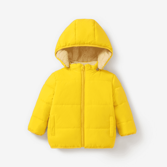 PatPat Toddler Girl Coats Boy Winter Clothes Fleece Lined Hooded Puffer Jacket for Toddler Kids Solid Long Sleeve Warm Outerwear, Yellow, 4-5 Years