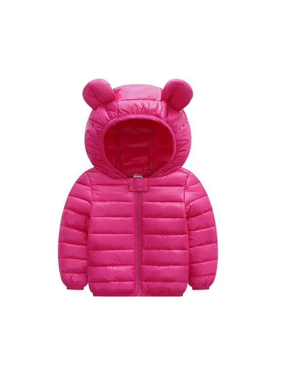 Baby Coat Toddler Boys Girls Winter Jackets Stylish 3D Ear Print Outerwear Solid Hooded Coats, Hot Pink, 3-4 Years