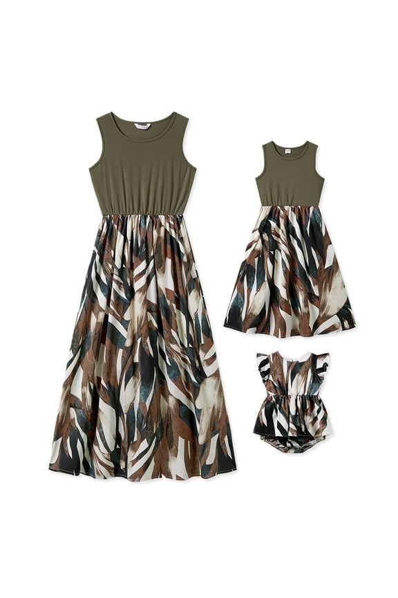 Baby Girl 6-9M Rompers Mommy and Me Army Green Tank Top Spliced Floral Dress,Army green