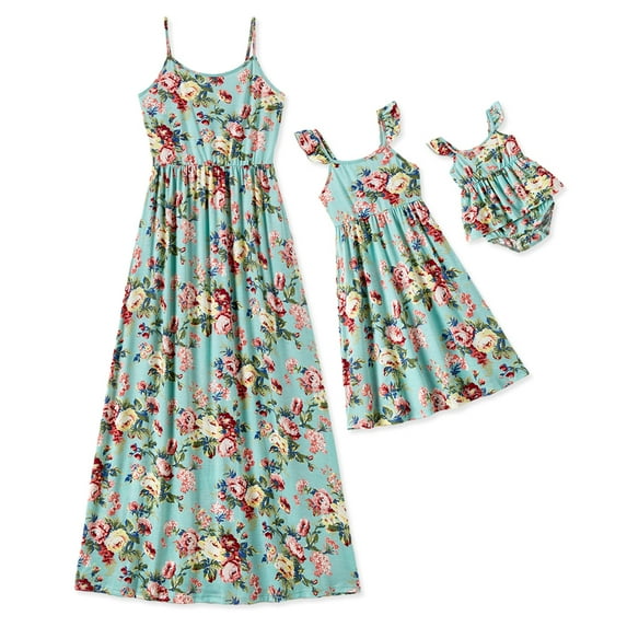 PatPat Baby Girl 9-12M Rompers Mommy and Me Floral Elastic Waist Strap Maxi Dress with Pockets,Mint Green