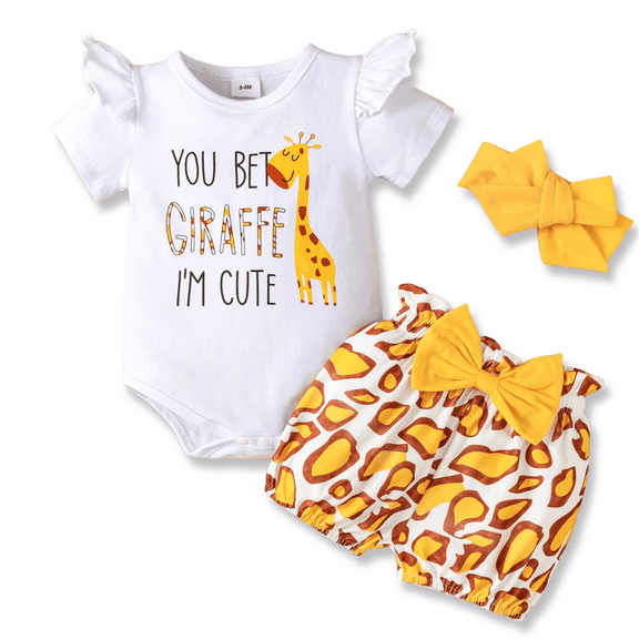 PatPat Baby Girl Clothes 3Pcs Outfit Set Giraffe Print Romper Shorts Headband Gift for 0-3 Months