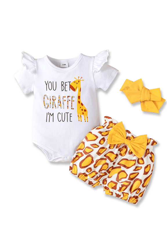 Baby Girl Clothes 3Pcs Outfit Set Giraffe Print Romper Shorts Headband Gift for 0-3 Months