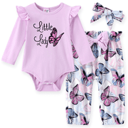 PatPat Baby Girl Clothes 3pcs Ladybug Letter Print Romper and Bowknot Trousers with Headband Set
