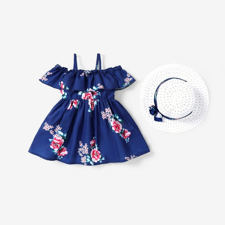 PatPat Baby Girl Clothes Girl Dress Blue Flower Dresses Summer Clothes Sleeveless with Hat 2pcs Set 9 12 Months