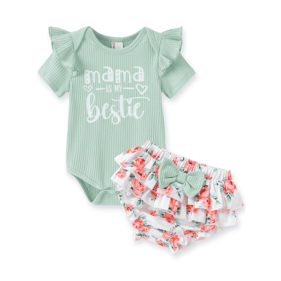PatPat Baby Girl Clothes Green Summer Ruffle Sleeve Bodysuit Set Baby Shower Gift Idea Baby Clothes for Girls with Baby Headbands 0-3 Months