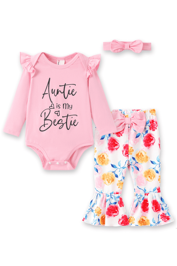 Baby Girl Clothes Long Sleeve Floral Romper Bell Bottom Pants with Cute Headband Outfit Set for Party Birthday Gift for Baby Girls Pink 0-3 Months