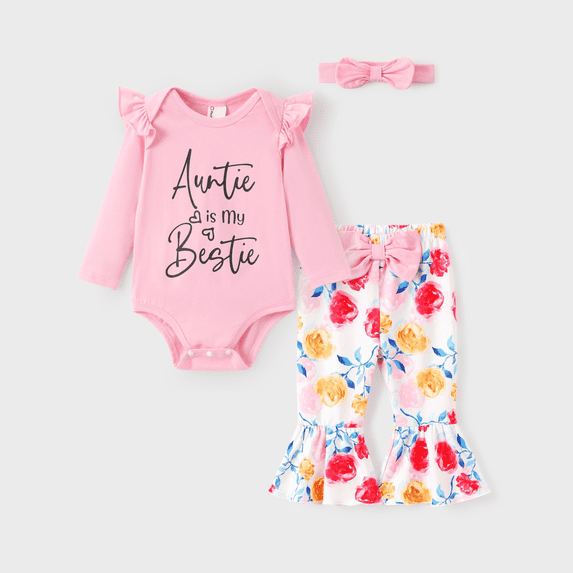 PatPat Baby Girl Clothes Long Sleeve Floral Romper Bell Bottom Pants with Cute Headband Outfit Set for Party Birthday Gift for Baby Girls Pink 9-12 Months