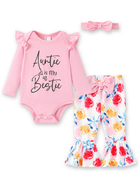 Baby Girl Clothes Long Sleeve Floral Romper Bell Bottom Pants with Cute Headband Outfit Set for Party Birthday Gift for Baby Girls Pink 12-18 Months