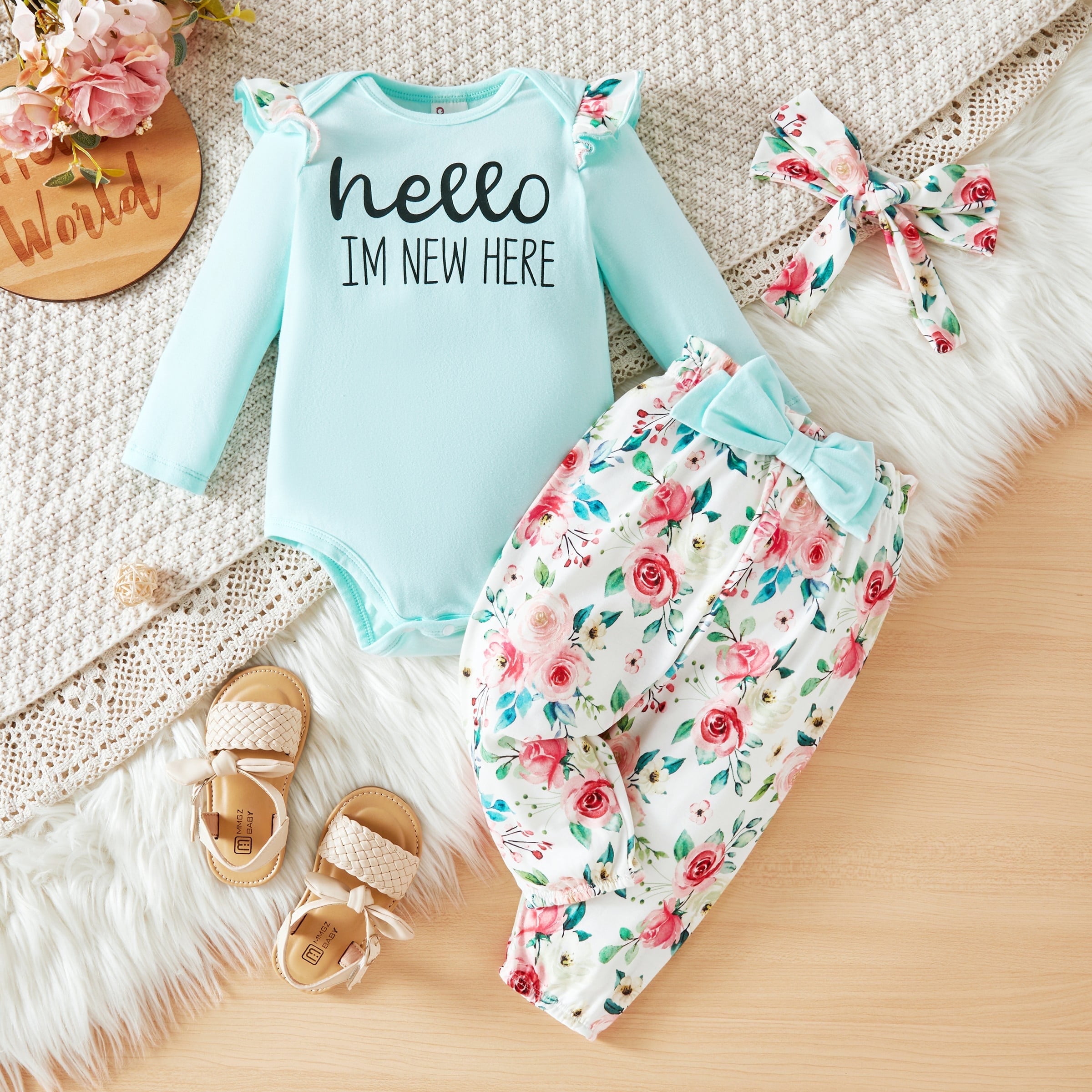 Baby Girl Clothes Floral Romper Long Sleeve Pants Headband Set Summer Winter Clothing for Newborn Infant Baby Girls Mint Mambo 12-18 Months