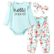 PatPat Baby Girl Clothes Floral Romper Long Sleeve Pants Headband Set Summer Winter Clothing for Newborn Infant Baby Girls Mint Mambo 3-6 Months