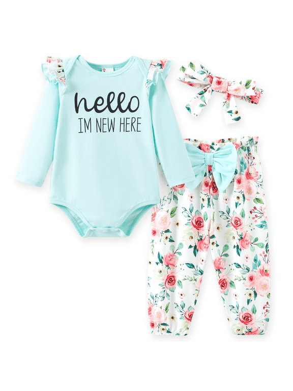 Baby Girl Clothes Floral Romper Long Sleeve Pants Headband Set Summer Winter Clothing for Newborn Infant Baby Girls Mint Mambo 3-6 Months
