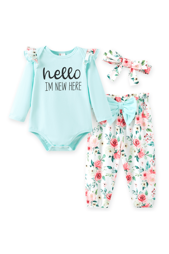Baby Girl Clothes Floral Romper Long Sleeve Pants Headband Set Summer Winter Clothing for Newborn Infant Baby Girls Mint Mambo Mint Mambo Mint Mambo 0-3 Months