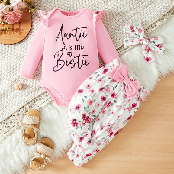 PatPat Baby Clothes for Girls Long Sleeve Ruffle Romper Floral Pants with Cute Headband Pink 12-18 Months