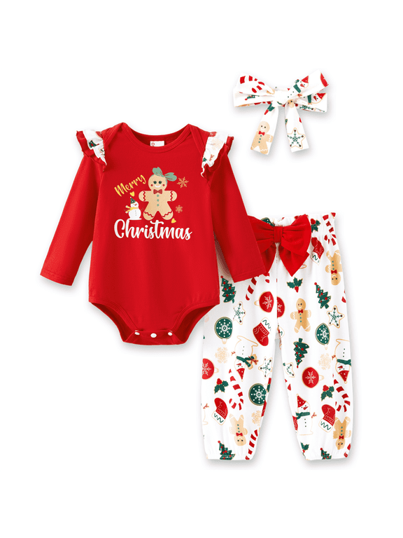 Baby Girl Outfit Christmas Gingerbread Romper and Cute Pants with Headband Infant Baby Girl First Gift 3-6 Months