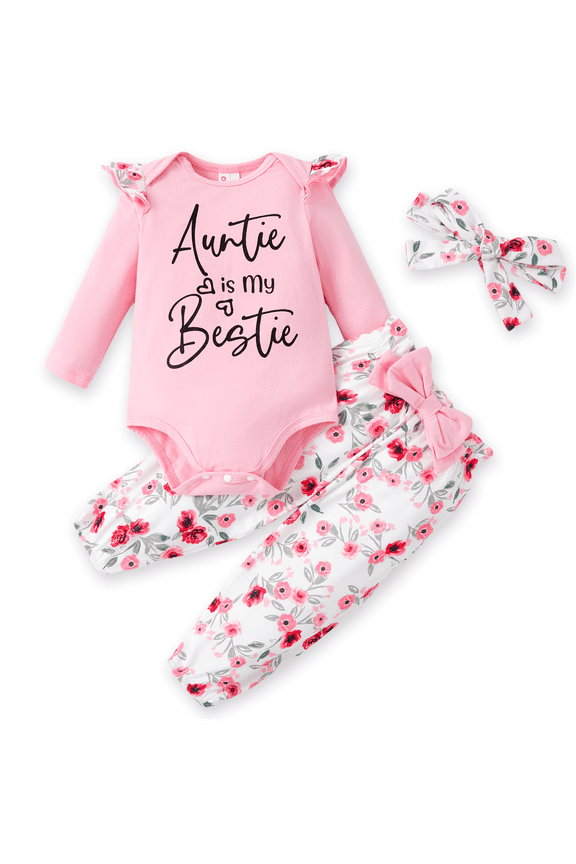 Baby Clothes for Girls Long Sleeve Ruffle Romper Floral Pants with Cute Headband Pink 0-3 Months