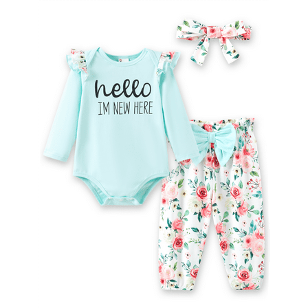 PatPat Baby Girl Clothes Floral Romper Long Sleeve Pants Headband Set Summer Winter Clothing for Newborn Infant Baby Girls Mint Mambo Mint Mambo Mint Mambo 0-3 Months