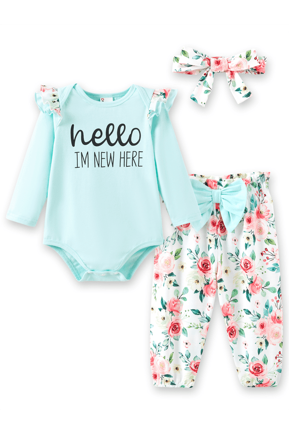 Baby Girl Clothes Floral Romper Long Sleeve Pants Headband Set Summer Winter Clothing for Newborn Infant Baby Girls Mint Mambo Mint Mambo Mint Mambo 0-3 Months