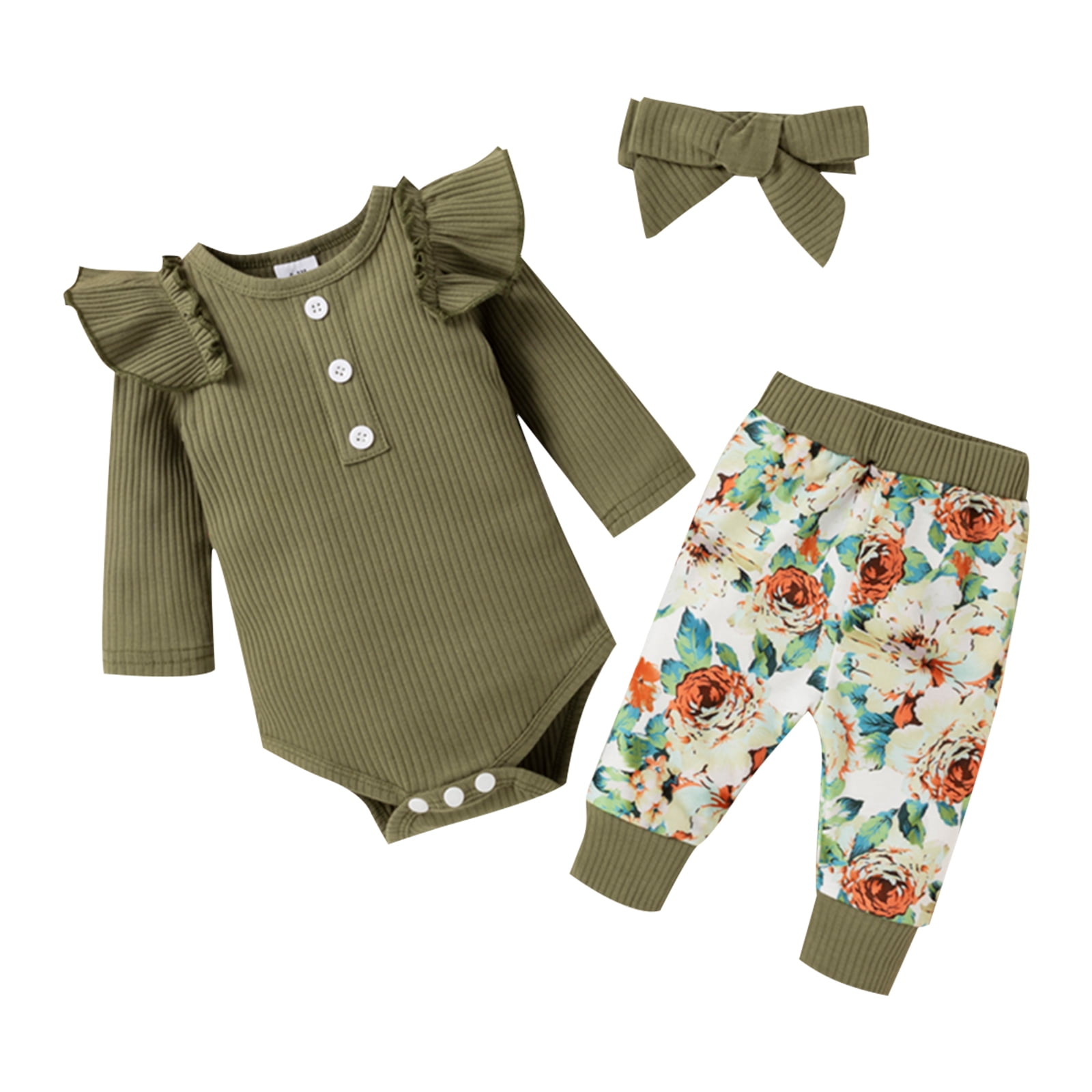 PatPat Baby Girl Clothes Rose Floral Long Sleeve Romper Set, 1218