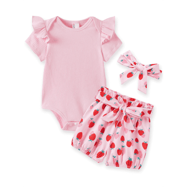 PatPat Baby Girl Summer Clothes 3Pcs Set Ruffle Sleeve Bodysuit Strawberry Shorts Headband Gift Out 0-3 Monthsfit