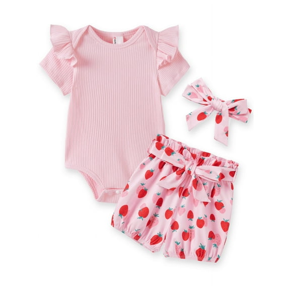 PatPat Baby Girl Summer Clothes 3Pcs Set Ruffle Sleeve Bodysuit Strawberry Shorts Headband Gift Outfit