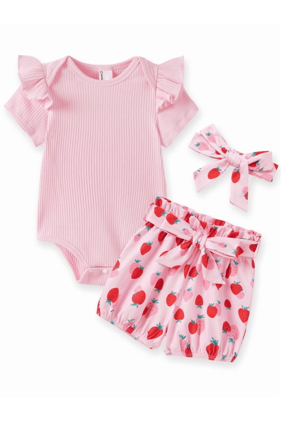 Baby Girl Summer Clothes 3Pcs Set Ruffle Sleeve Bodysuit Strawberry Shorts Headband Gift Out 0-3 Monthsfit