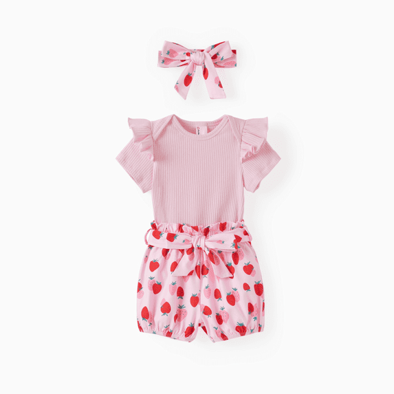 PatPat Baby Girl Summer Clothes 3Pcs Set Ruffle Sleeve Bodysuit Strawberry Shorts Headband Gift Outfit