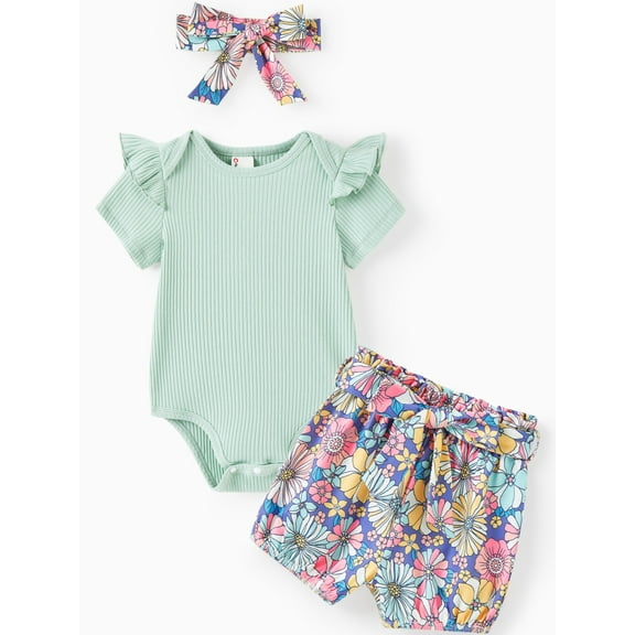PatPat Baby Girl Clothing Set 3Pcs Ribbed Bodysuit Floral Shorts Headband Summer Gift Outfit