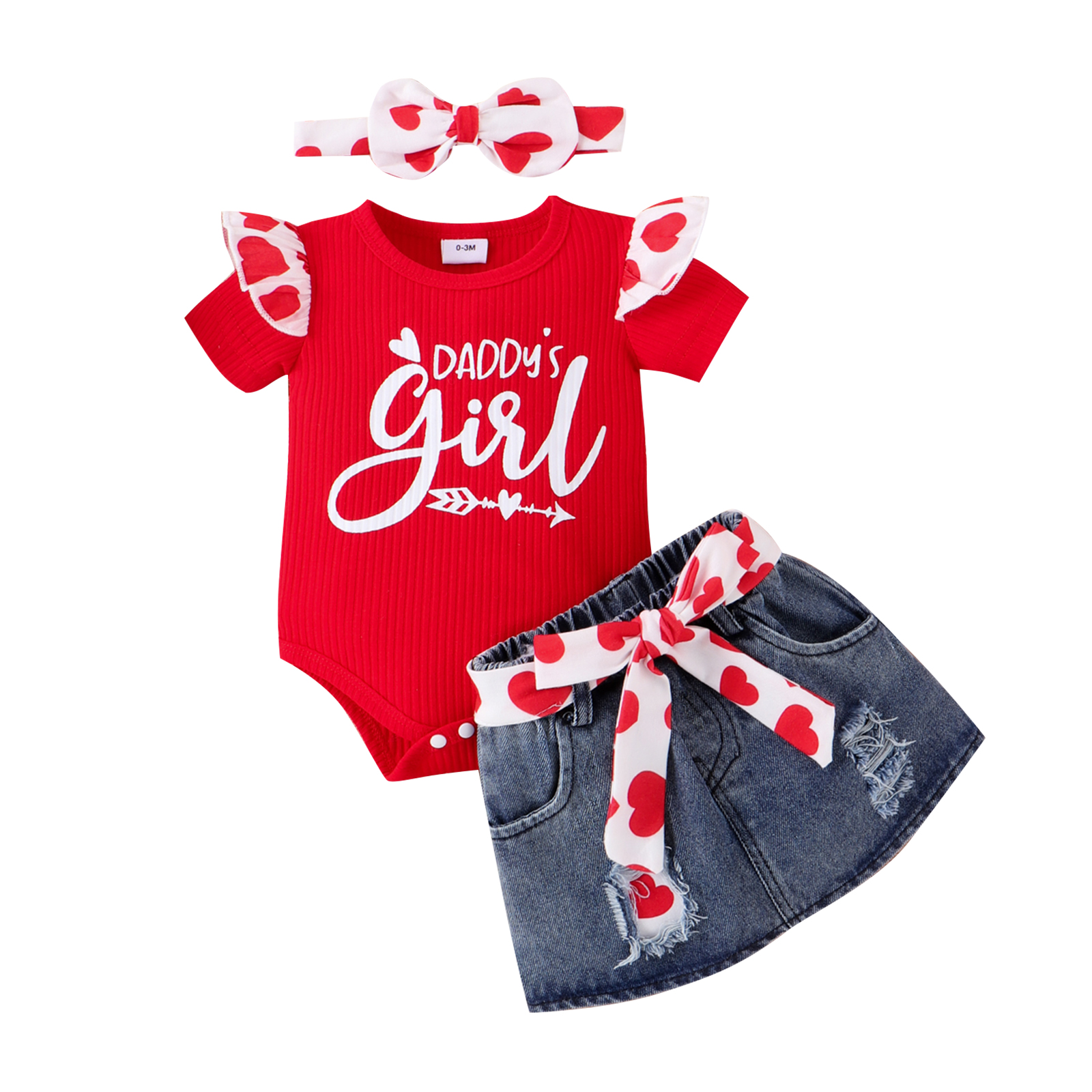 PatPat Baby Girl Clothes Valentine's Day Heart Top and Denim Skirt Set