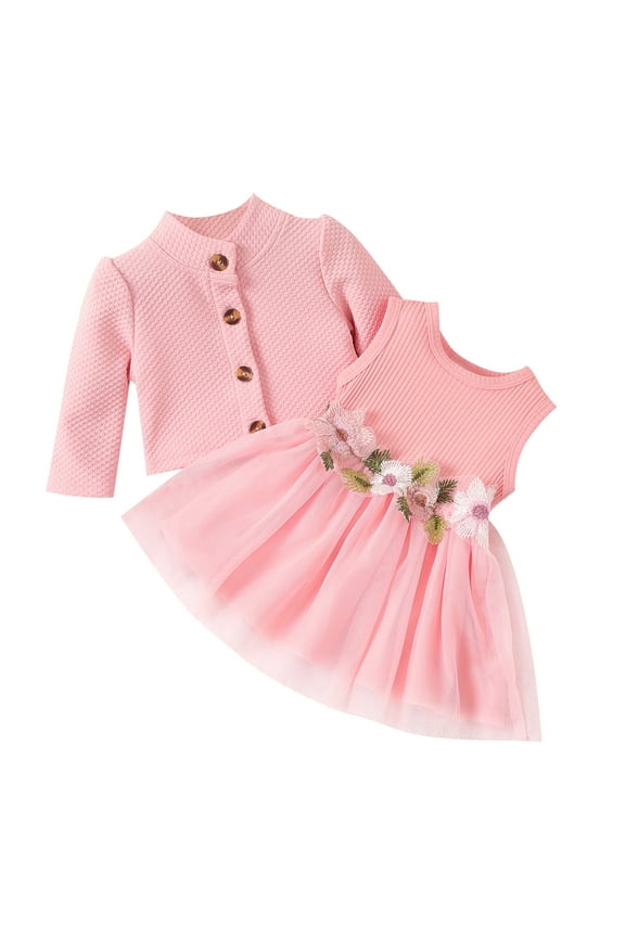 Baby Girl Dresses Long Sleeve Jacket and Floral Decor Mesh Panel Tank Dress Set, 3-6 Months