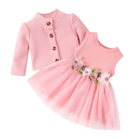 Baby Girl Dresses Long Sleeve Jacket and Floral Decor Mesh Panel Tank Dress Set, 3-6 Months