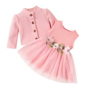 PatPat Baby Girl Dresses Long Sleeve Jacket and Floral Decor Mesh Panel Tank Dress Set, 3-6 Months