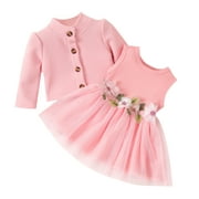 PatPat Baby Girl Dresses Long Sleeve Jacket and Floral Decor Mesh Panel Tank Dress Set, 3-6 Months