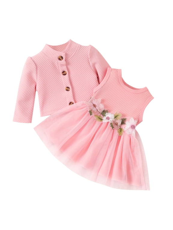 Baby Girl Dresses Long Sleeve Jacket and Floral Decor Mesh Panel Tank Dress Set, 3-6 Months